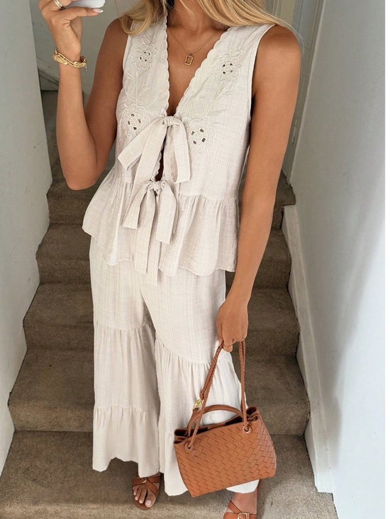 Pants - Boho Floral Detail Front Tie Sleeveless Top Wide Leg Pants Set
